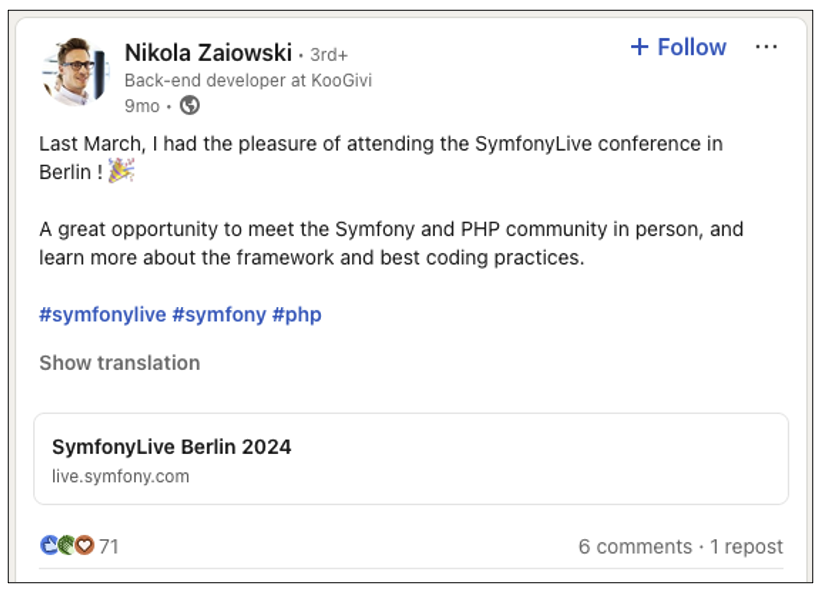 Publication LinkedIn de Nikola Zaiowski sur sa participation à la SymfonyLive Berlin 2024